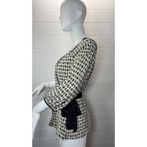 Nicola Y2K Womens Chain Link Beige/Black Babydoll Surplice Crinkle Top M Pinup - Picture 5 of 13